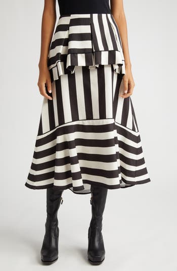 Farm Rio Mixed Stripe A-line Midi Skirt In Black And White