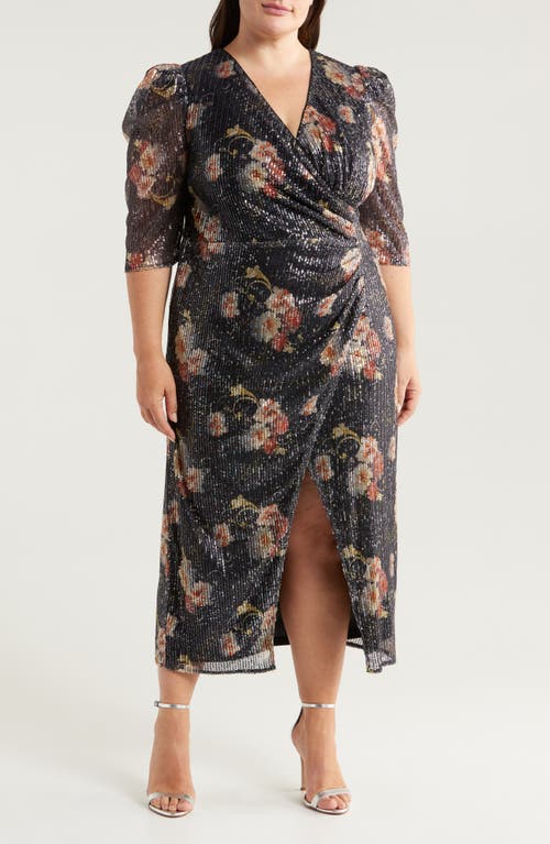 Shop Chelsea28 Sequin Print Wrap Midi Dress In Black Floral