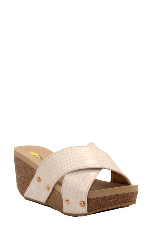 Riverside Platform Wedge Slide Sandal in Beige Crocodile Print