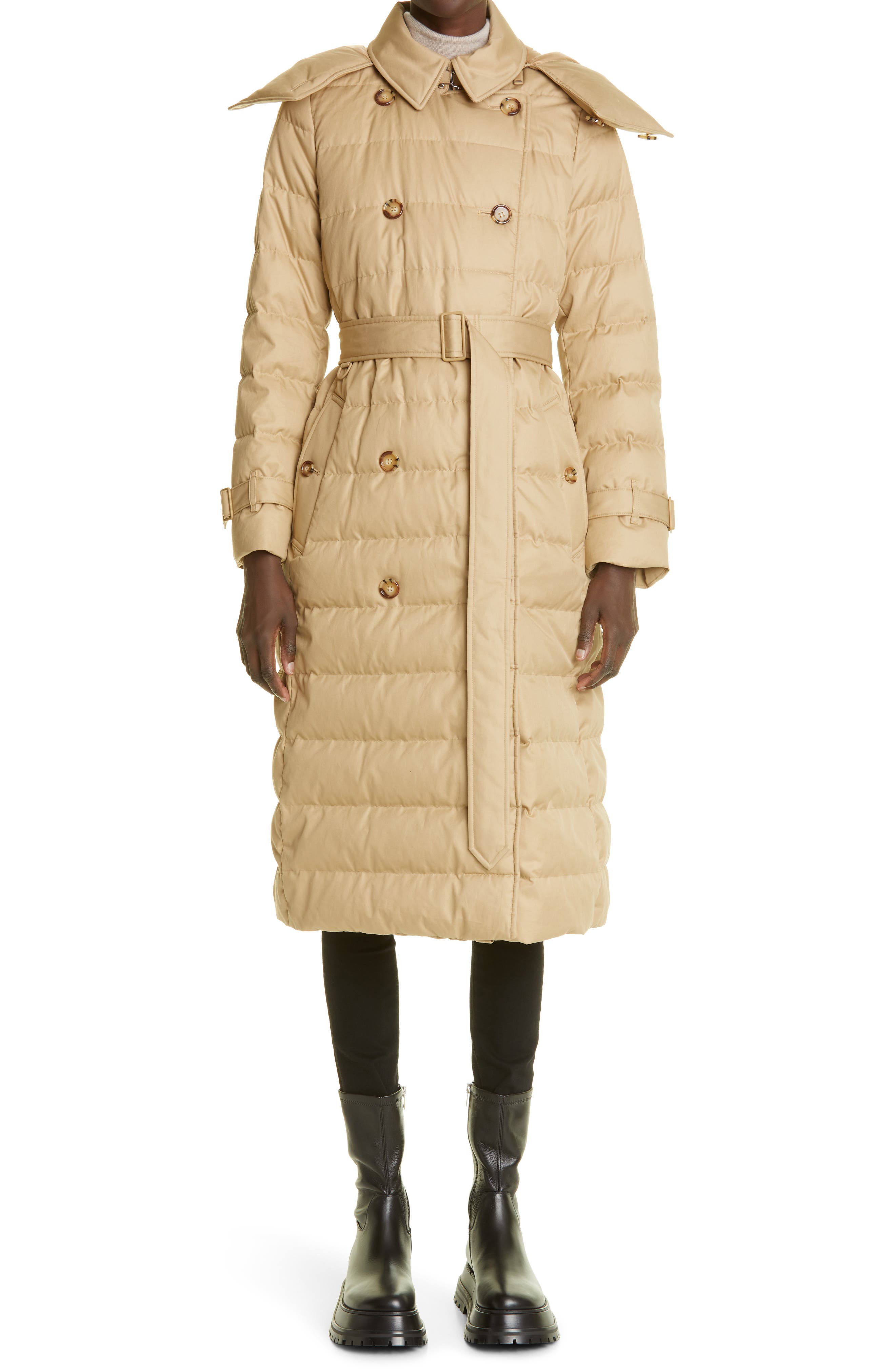 Burberry Ashwick Double Breasted Quilted Down Coat with Removable Hood in Honey at Nordstrom, Size Medium