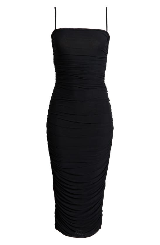 Shop Afrm Hazel Ruched Mesh Midi Body-con Dress In Noir