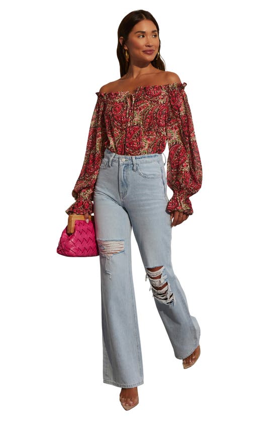 Vici Collection Brinley Print Off The Shoulder Top In Pomegranate
