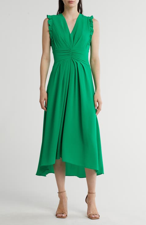 V-Neck Ruffled A-Line Midi Dress