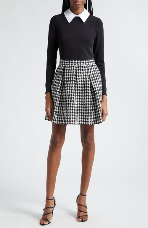 Alice And Olivia Alice + Olivia Chara Houndstooth Long Sleeve Layered Dress In Black/off White