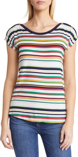 Loveappella Stripe Button Shoulder T-Shirt | Nordstrom