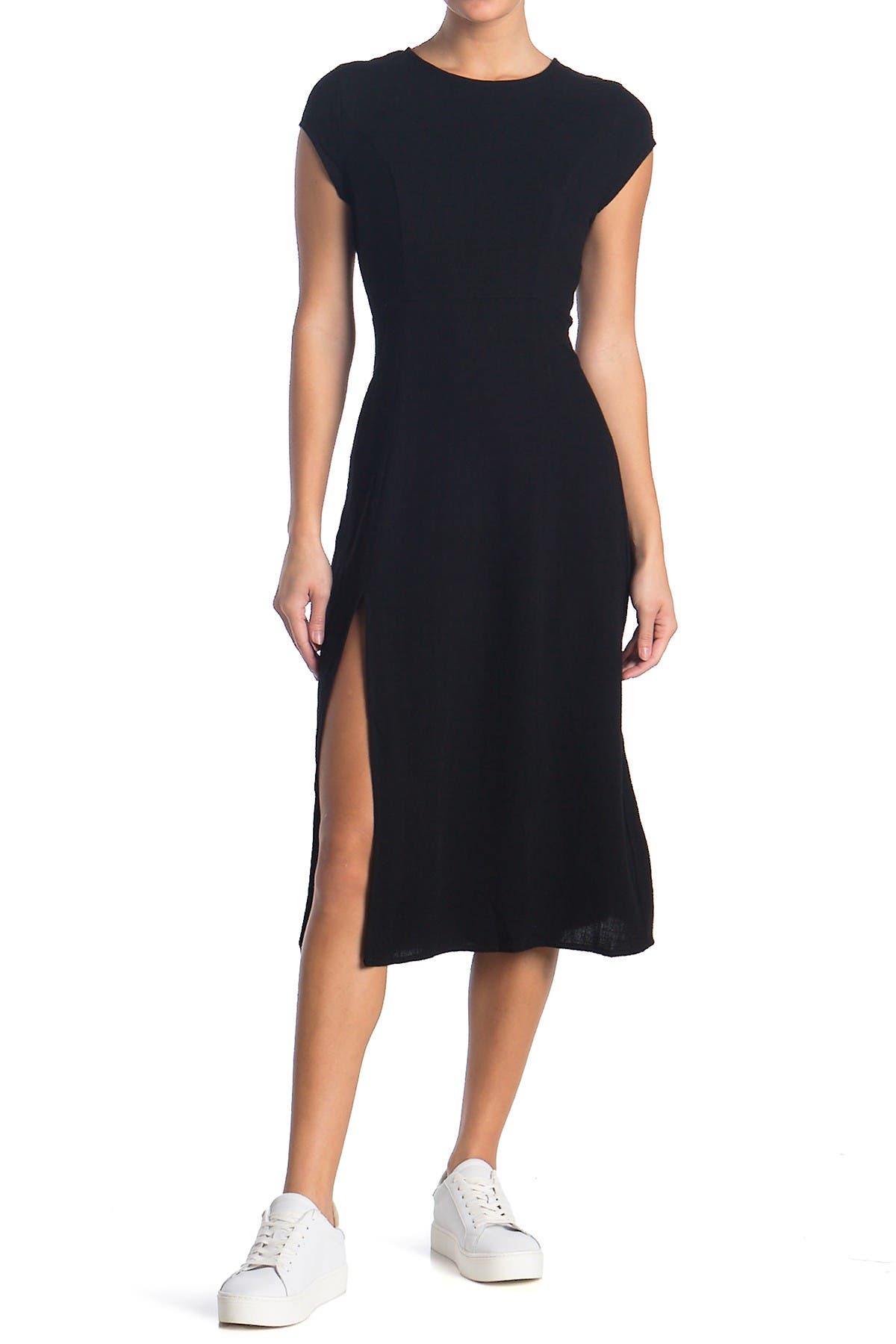 Dee Elly Slit Cap Sleeve Midi Dress In Black | ModeSens