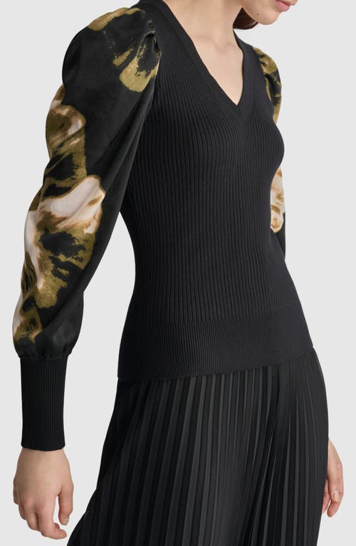 Shop Dkny Rib Puff Shoulder Sweater In Black/photo Floral