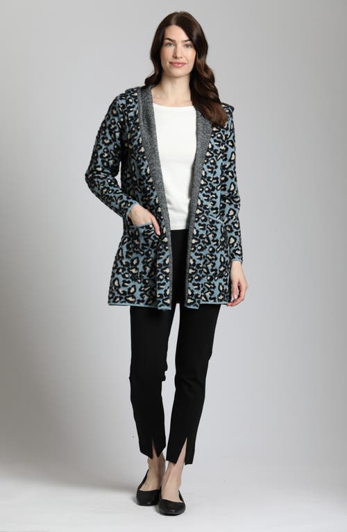 Apny Leopard Print Hooded Open Front Sweater Coat In Blue Multi