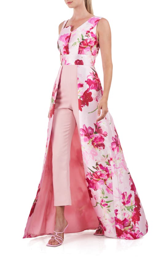 Kay Unger Fleur Asymmetric Floral-print Walk-thru Jumpsuit In Hibiscus ...