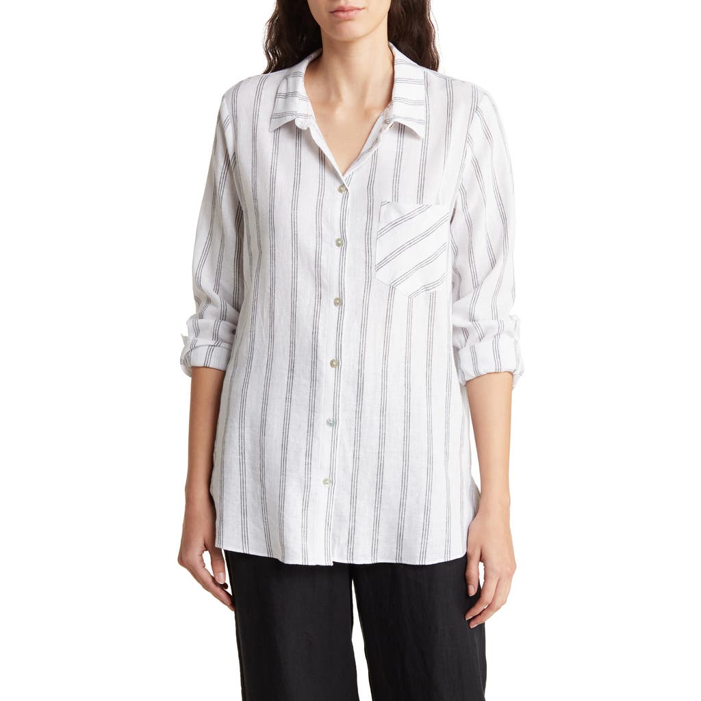 Shop Adrianna Papell Boyfriend Linen Blend Button-up Shirt In White/grey Triple Stripe