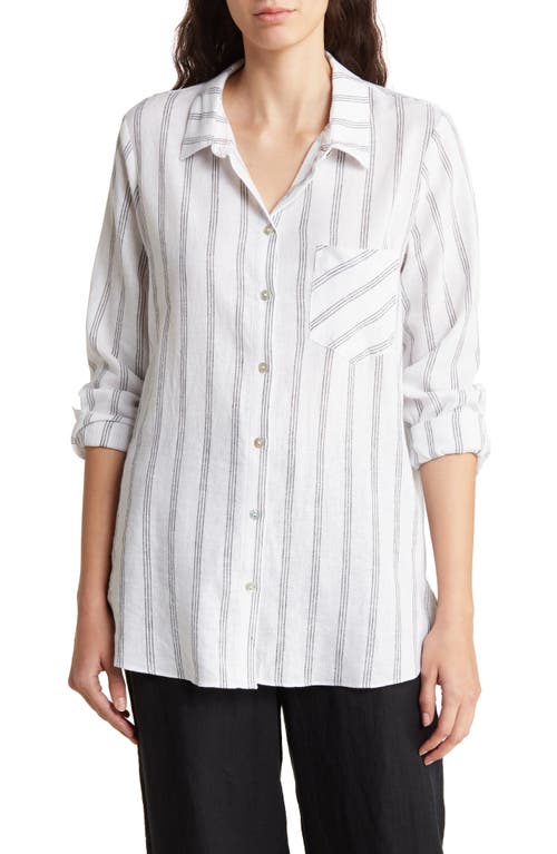 Shop Adrianna Papell Boyfriend Linen Blend Button-up Shirt In White/grey Triple Stripe