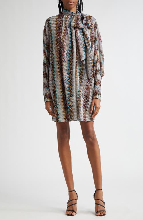 Missoni Zigzag Tie Neck Minidress In Multi Silver Black Pink Blue