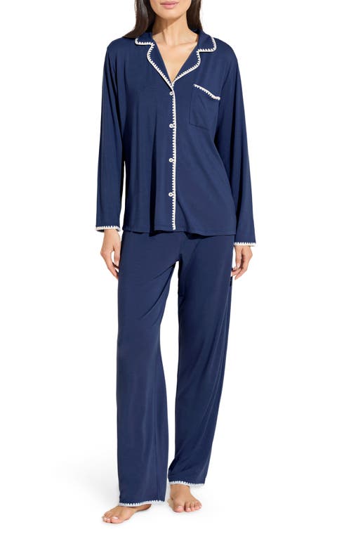 Eberjey Frida Contrast Embroidery Knit Pajamas In Navy/ Ivory