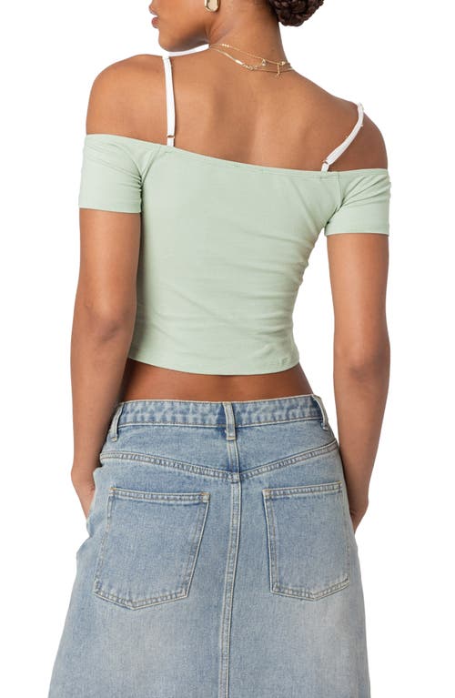 Shop Edikted Peeking Lace Cold Shoulder Ruched Crop Top In Sage