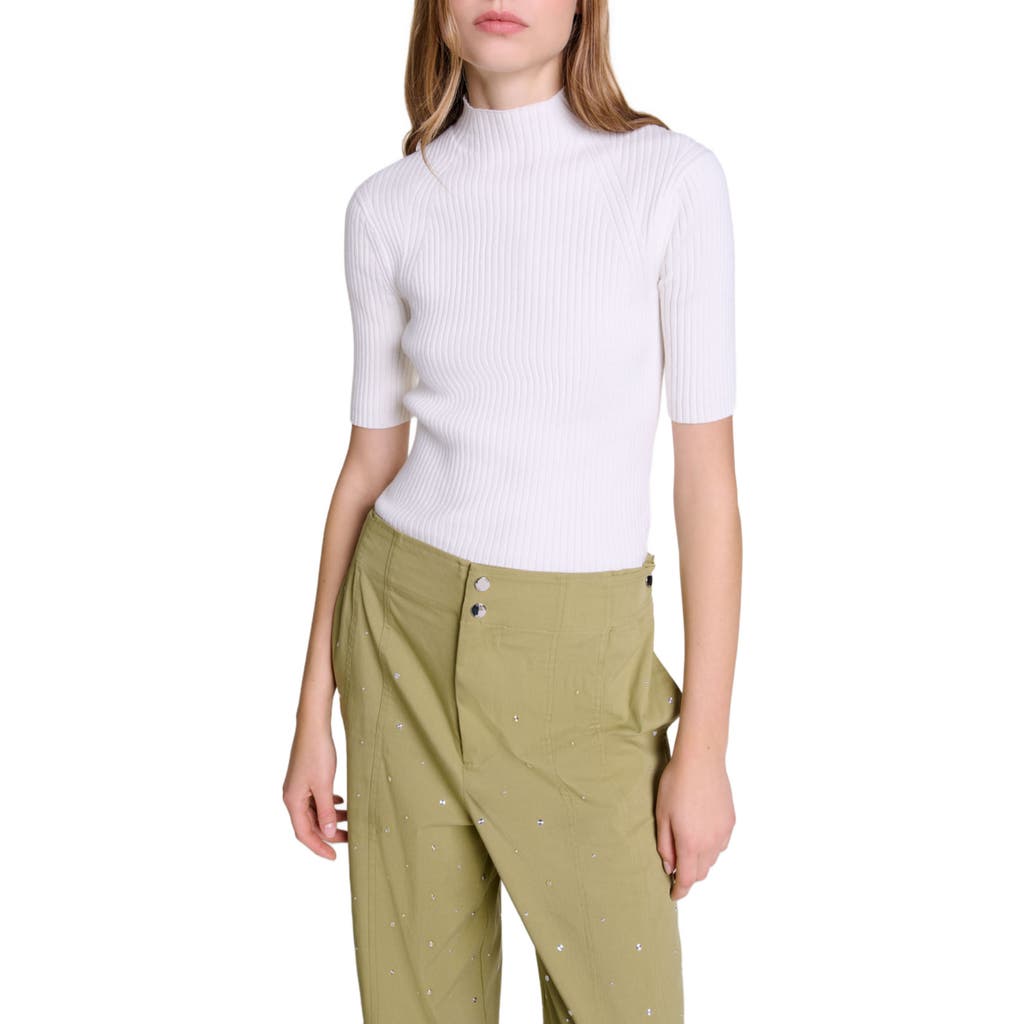 Maje Maude Rib Knit Short Sleeve Sweater In Ecru