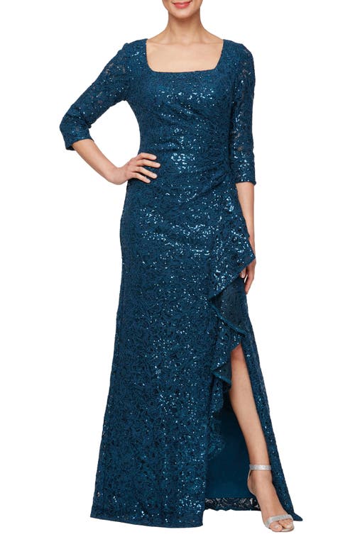 Shop Alex Evenings Sequin Square Neck A-line Gown In Deep Teal