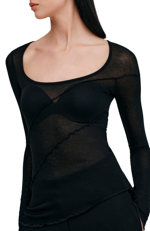 Marcella Melody Ruffle Seam Semisheer Jersey Top In Black