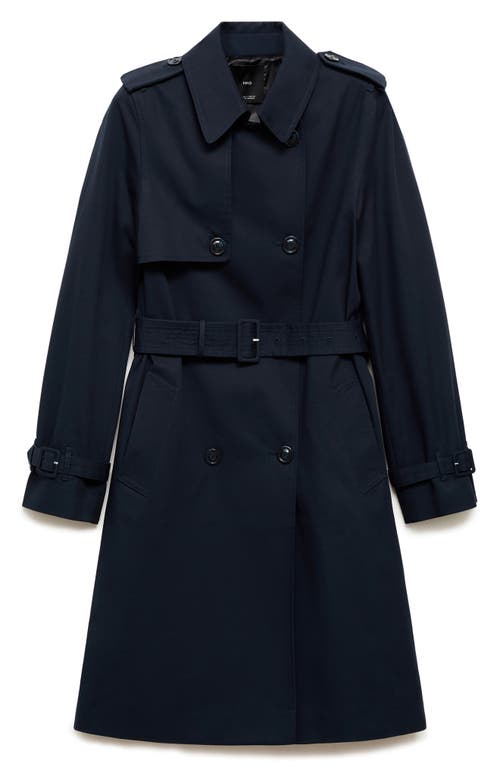 Mango Classic Double Breasted Water Repellent Cotton Trench Coat In Dark Navy