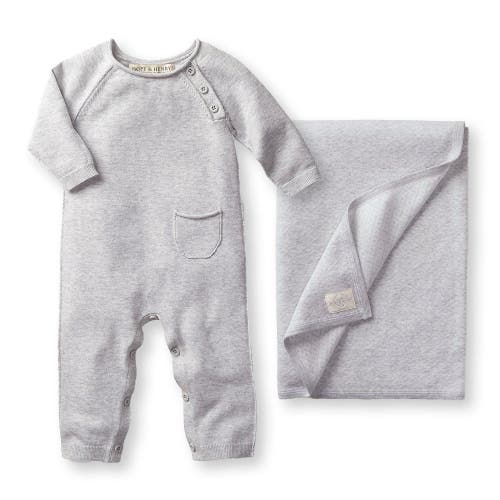 Hope & Henry Baby Raglan Knit Romper & Jacquard Blanket Gift Set In Light Heather Grey