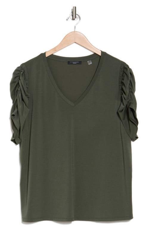 T Tahari Ruched V-neck T-shirt In Cypress Olive