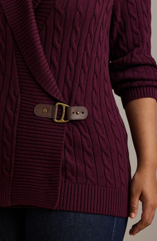 Shop Lauren Ralph Lauren Cotton Cable Shawl Collar Cardigan In Pinot Noir