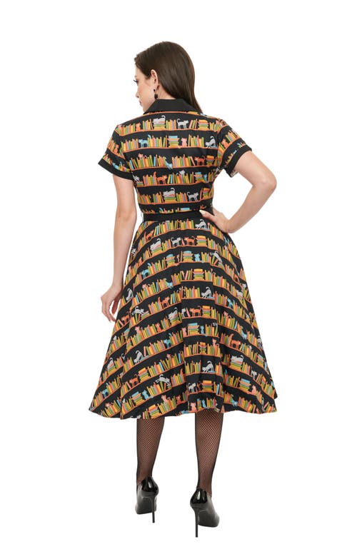 Unique Vintage Collared Short Sleeved Belted Alexis Swing Dress In Black Bookshelf Print