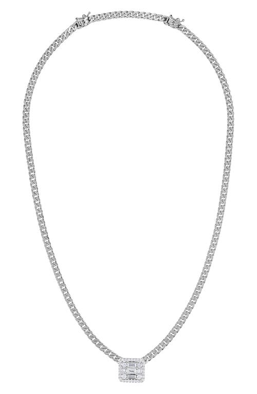 Halo Diamond Cube Pendant Curb Chain Necklace in White Gold/Diamond