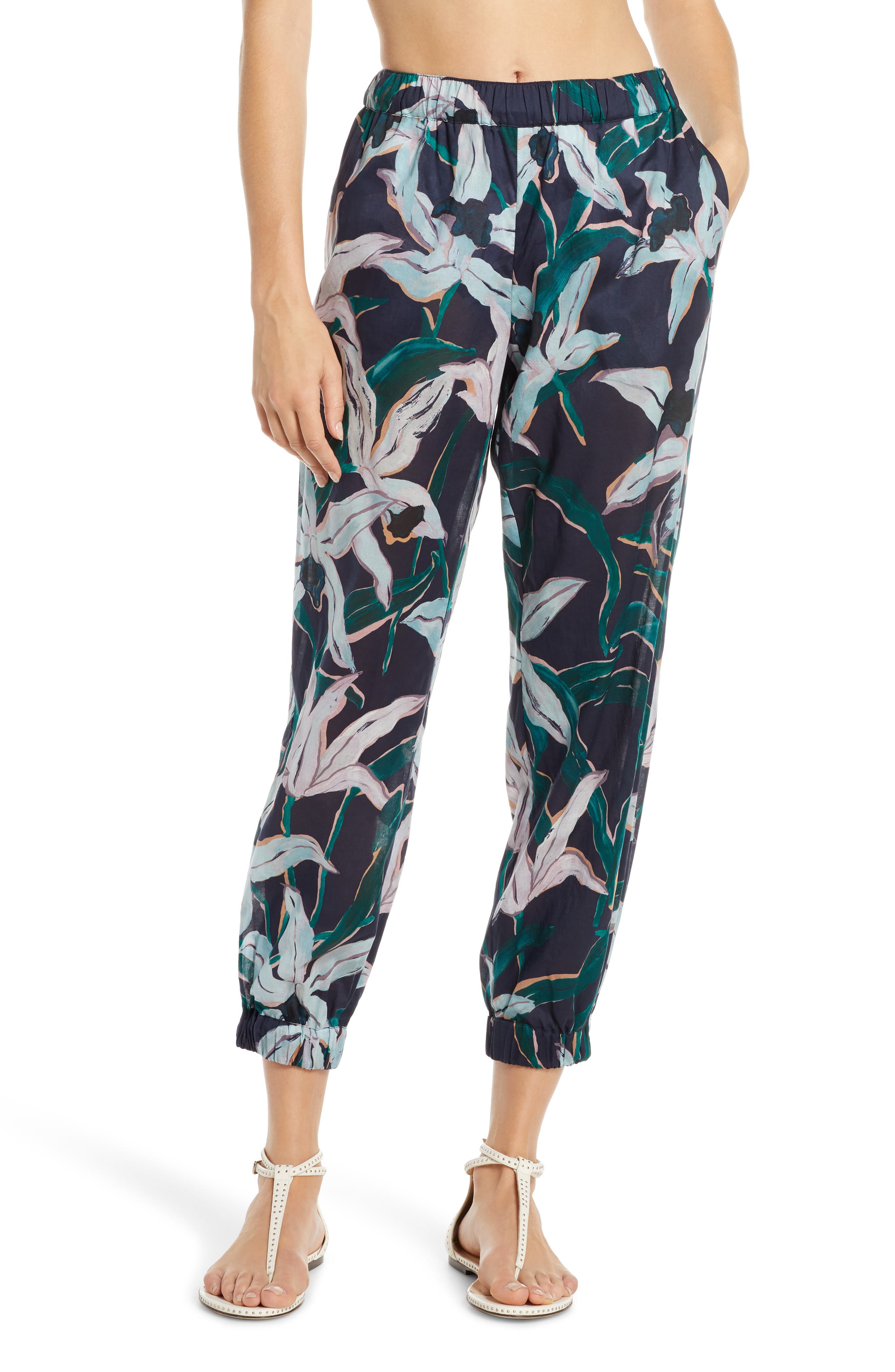 Tory Burch Floral Print Crop Cotton Pants, Blue