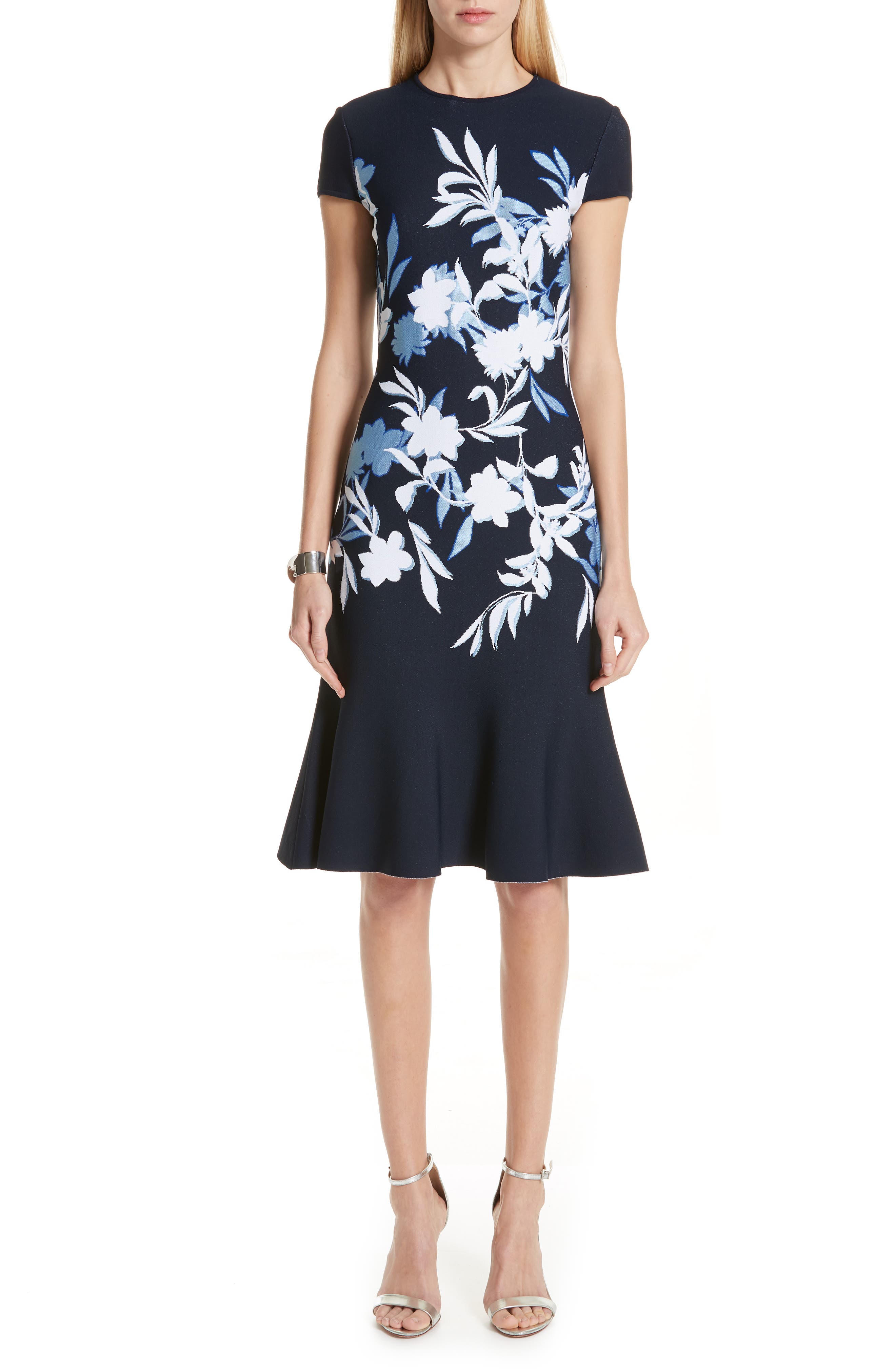 St. John Collection Shadow Floral Jacquard Knit Dress, White