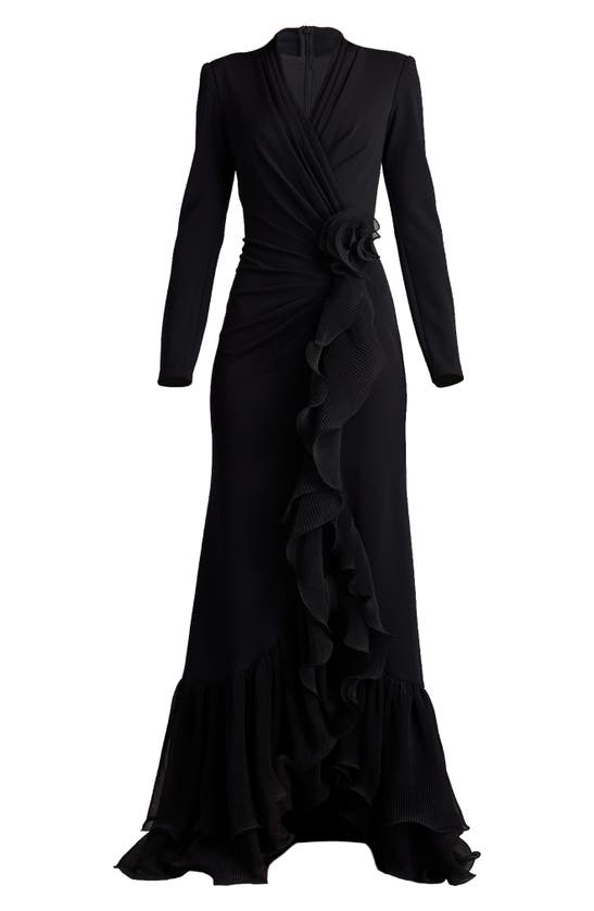 Shop Tadashi Shoji Side Ruffle Long Sleeve High-low Gown In Black