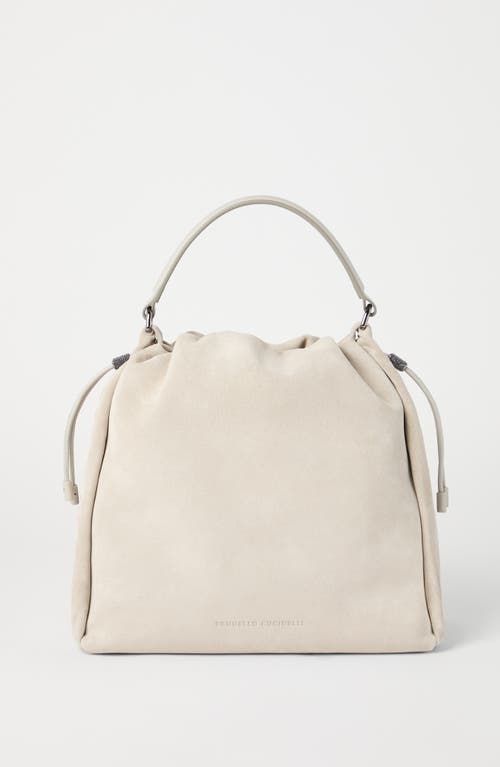 Shop Brunello Cucinelli Sueded Calfskin Bucket Bag With Monili In Light Grey