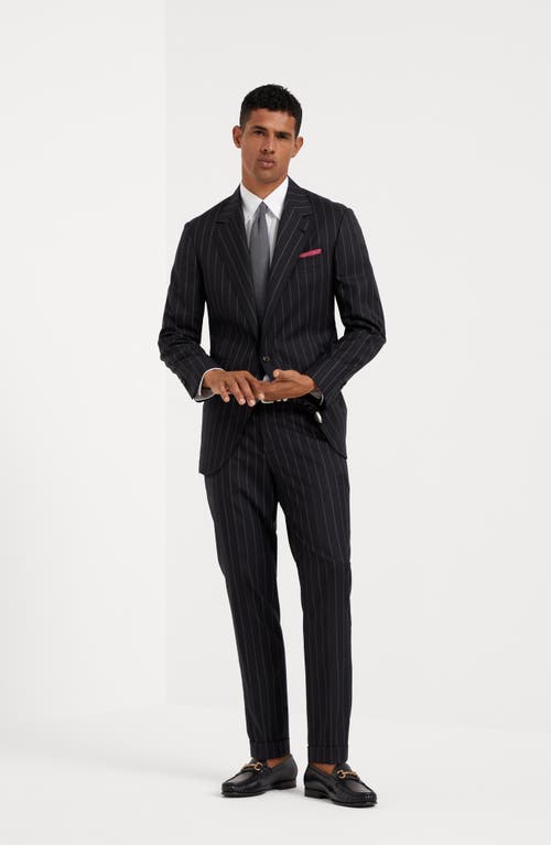 Shop Brunello Cucinelli Super 150s Virgin Wool Wide Chalk Stripe Batavia Formal Fit Trousers In Black