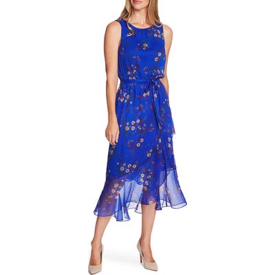 Vince Camuto Floral Belted Ruffle Chiffon Dress, Blue