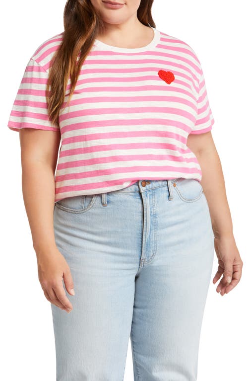 caslon(r) Stripe Heart Embellished Organic Cotton T-Shirt in Pink Azalea- Ivory Stp Emb Hrt