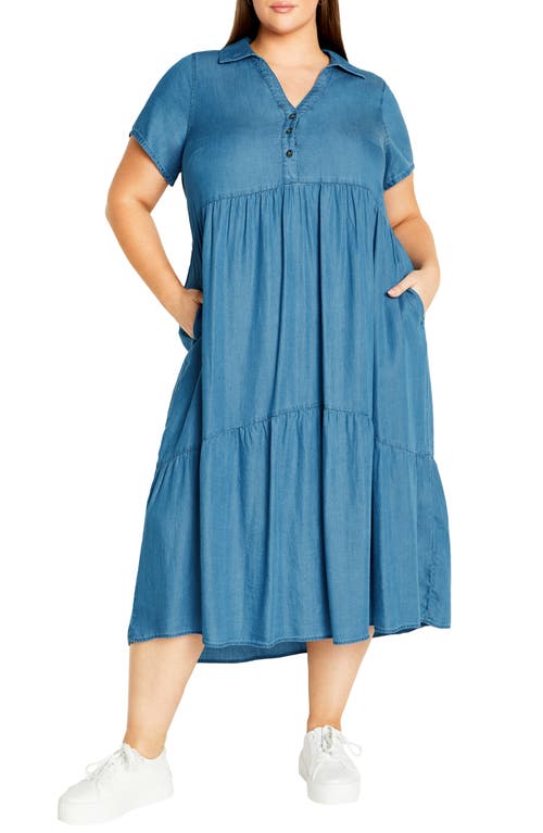 City Chic Shyla Tiered Chambray Midi Shirtdress in Mid Wash at Nordstrom