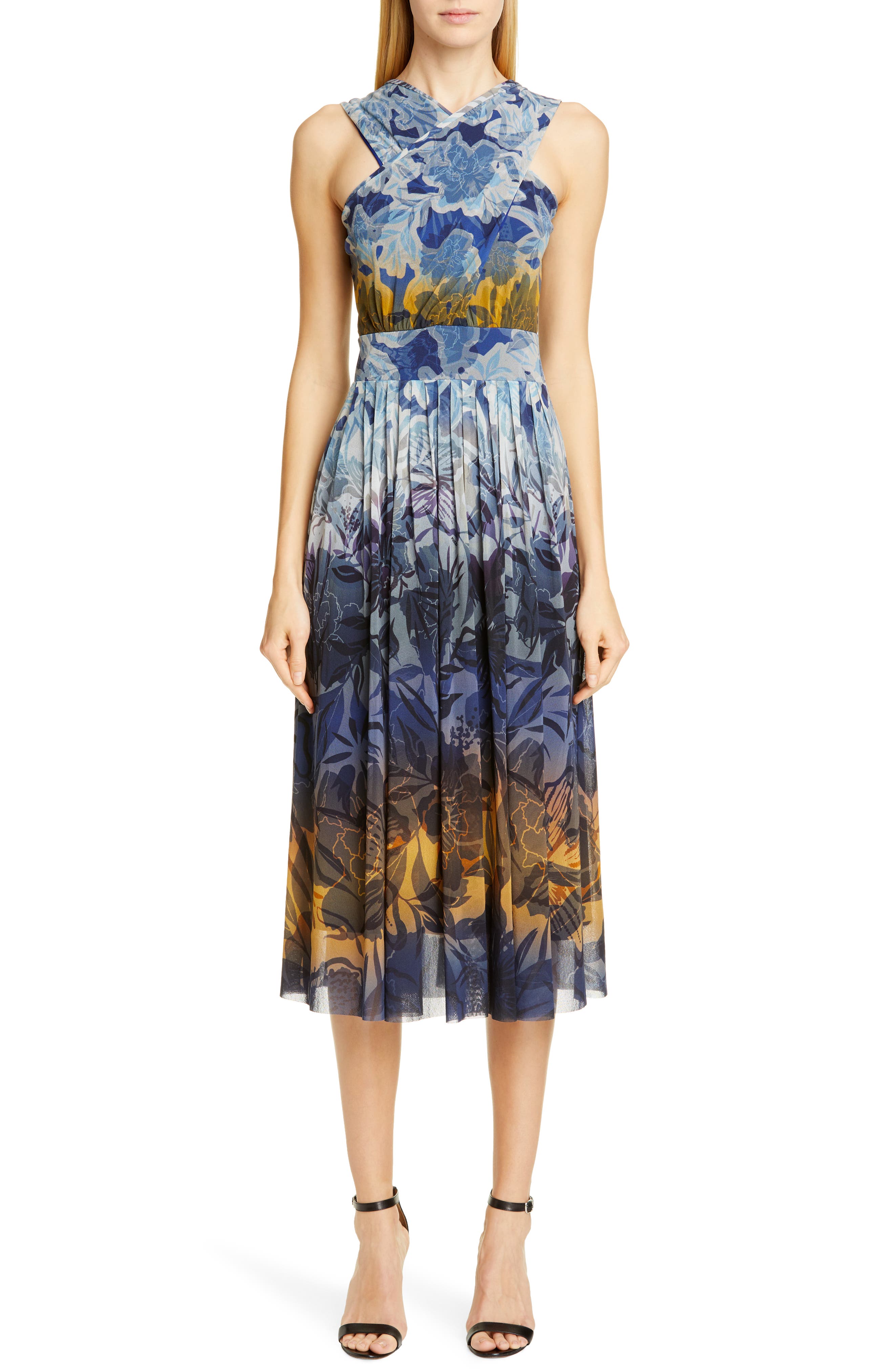 Fuzzi Degrade Floral Mesh Midi Dress, Black