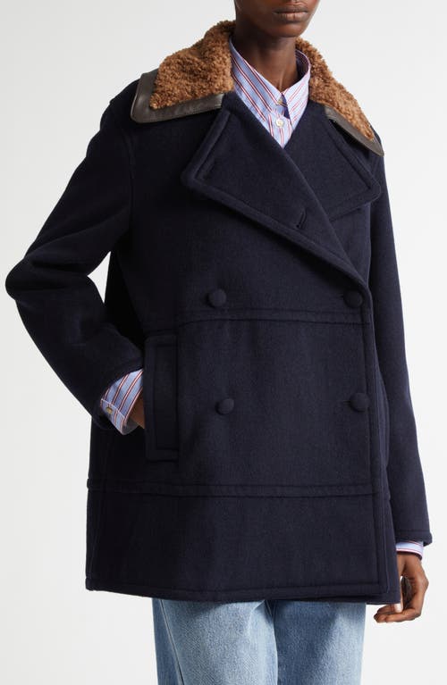 Shop Wales Bonner Zora Faux Shearling Trim Wool Blend Peacoat In Navy