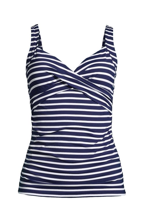 Shop Lands' End Plus Size V-neck Wrap Underwire Tankini Swimsuit Top In Deep Sea/white Media Stripe