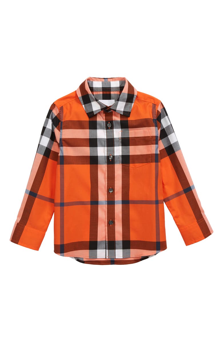 BURBERRY Kids' Owen Check Long Sleeve Button-Up Shirt, Main, color, NEON ORANGE