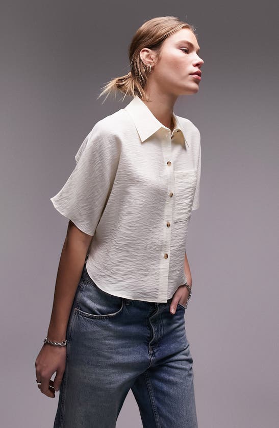 Shop Topshop Twill Crop Button-up Shirt In Ivory