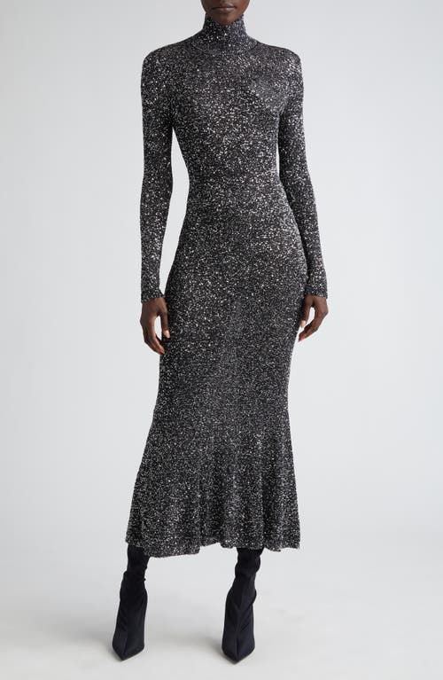 Balenciaga Long Sleeve Sequin Knit Turtleneck Gown In Black/silver