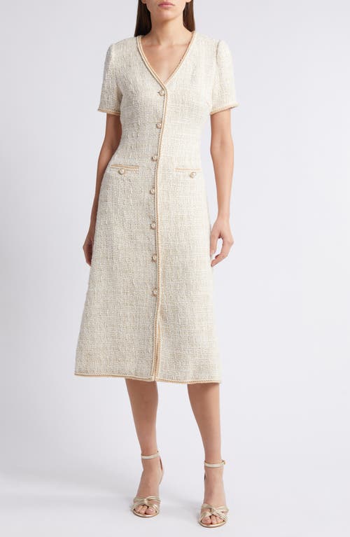 Shop Zoe And Claire V-neck Button Front Tweed Midi Dress In Light Khaki