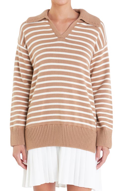 Shop English Factory Stripe Pleated Long Sleeve Mixed Media Sweater Dress In Tan/ivory