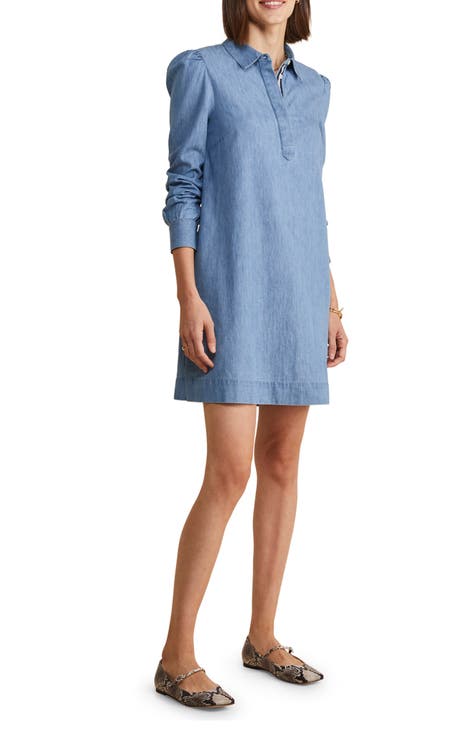 Balloon Sleeve Cotton Chambray Popover Dress