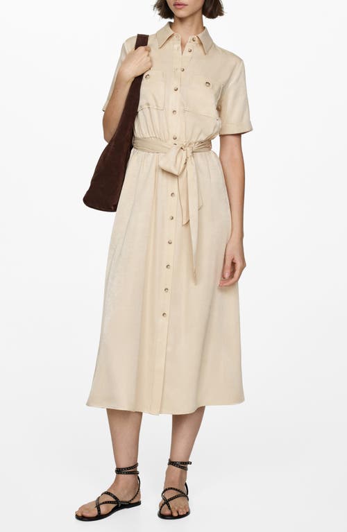 Shop Mango Belted Satin Midi Shirtdress In Beige