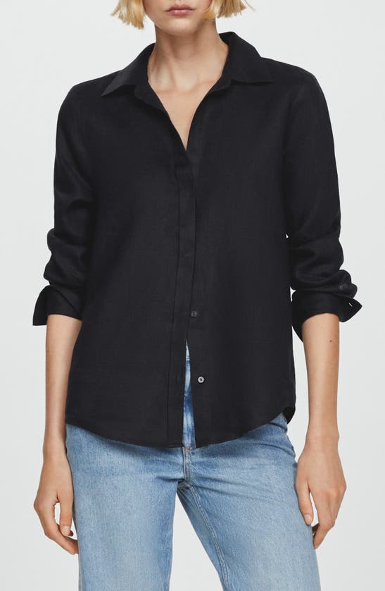 Shop Mango Button-up Linen Shirt In Black