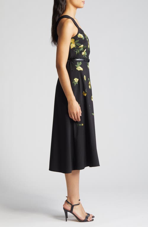 Shop Anne Klein Floral Embroidered Belted A-line Dress In Anne Black/lemon Zest Multi