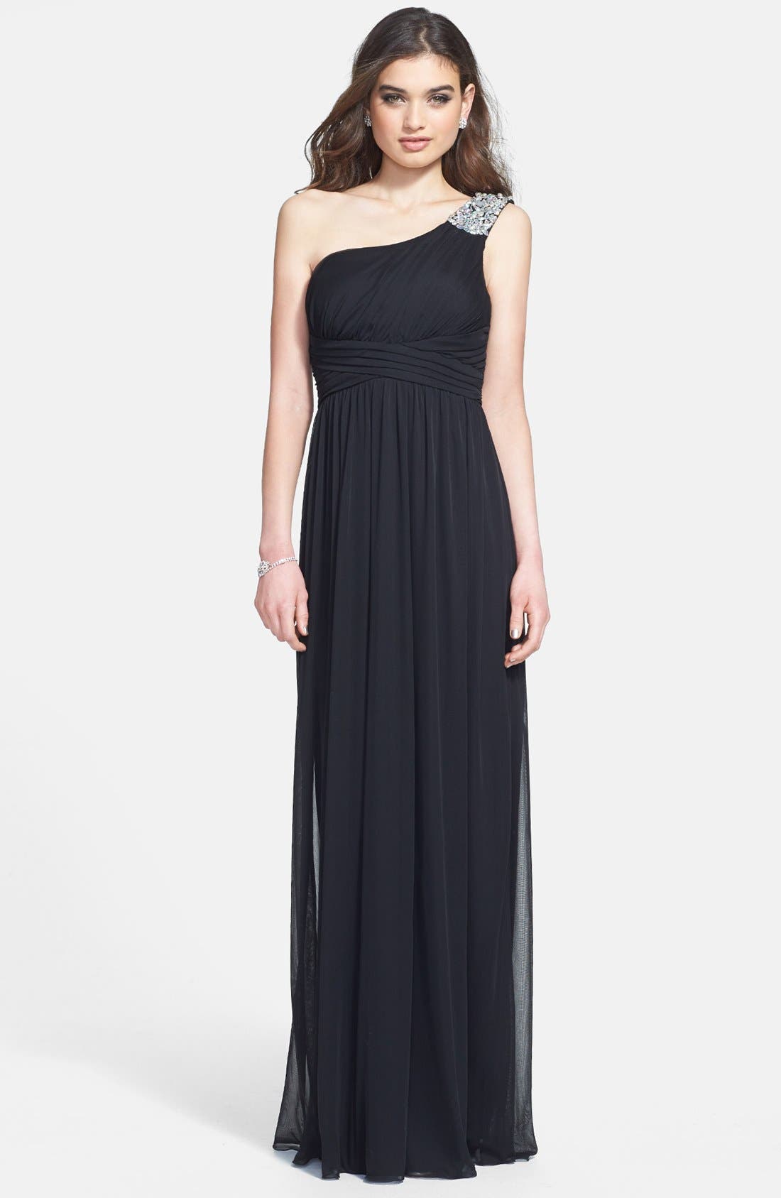 Way-In Embellished One-Shoulder Mesh Gown (Juniors) | Nordstrom