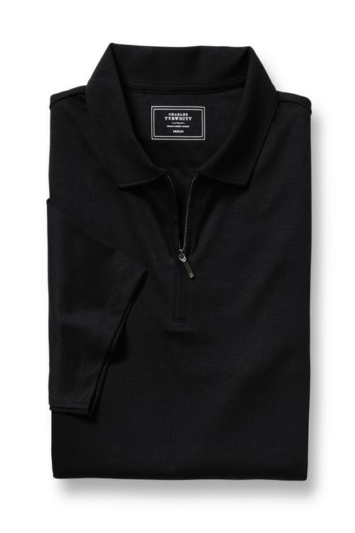 Shop Charles Tyrwhitt Plain Short Sleeve Zip Jersey Polo In Black