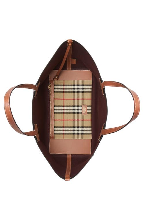 Shop Burberry Medium Heritage Check Canvas Tote In Briar Brown/black